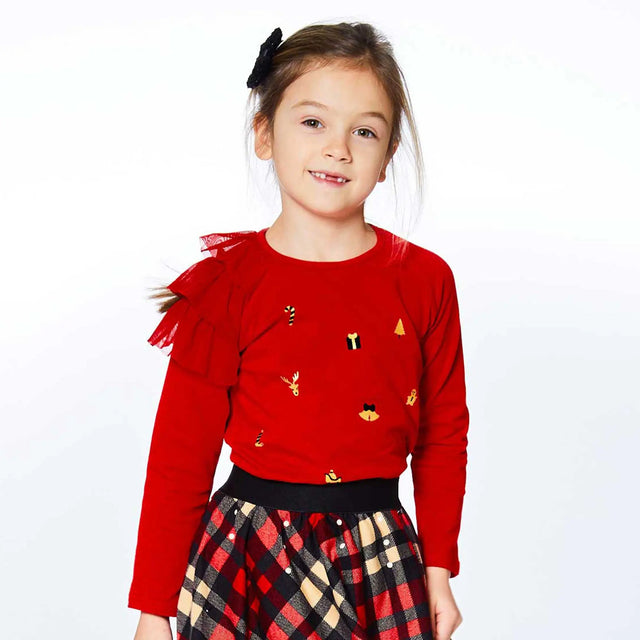 Long Sleeve Raglan Top With Frill Red | DEUX PAR DEUX - Jenni Kidz