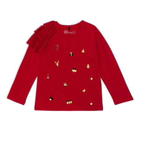 Long Sleeve Raglan Top With Frill Red | DEUX PAR DEUX - Jenni Kidz