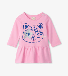 Hatley pink baby girls dress with large blue and purple cheetah face, front view