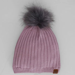 Lilac rib-knit CALIKIDS Mom & Me girls winter hat with one faux-fur pompom, front view