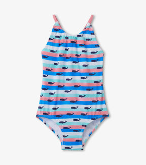 Hatley girls Nautical Whales one-piece swimsuit in Blue/White stripes with pink straps