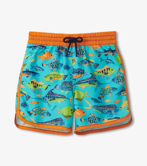 Hatley boys Ocean Life swim trunks in aqua with orange waistband and sea creature print