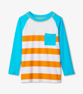 Hatley boys Orange Soda Stripes long sleeve rashguard with aqua sleeves and front pocket
