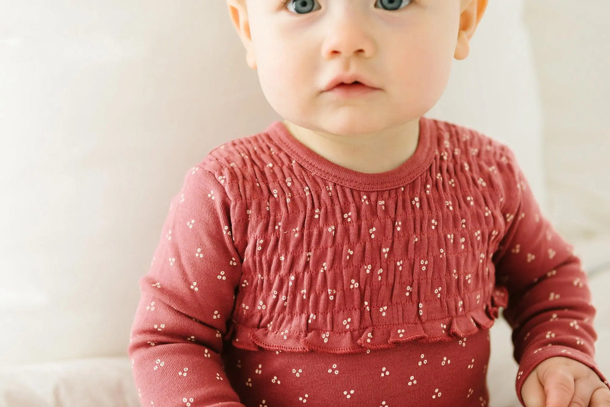 Organic Smocked Footie in Sienna Dots | Lovedbaby - Jenni Kidz