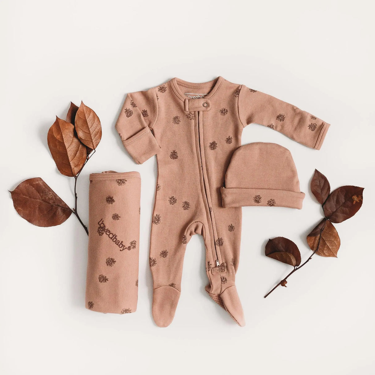 Organic Zipper Footie, Print in Nutmeg Pinecone | Lovedbaby - Jenni Kidz