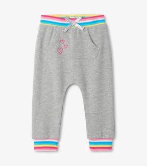 Hatley grey baby joggers with rainbow waist and cuffs, hearts and kangaroo pocket, front view