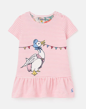 Joules Peter Rabbit Jemima Pink Stripe Dress: front view with Jemima and bunting artwork