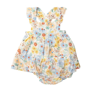 Angel Dear Coneflower pinafore top and bloomer set in cream with blue and yellow flowers