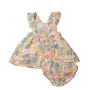Angel Dear Floral Flamingos pinafore top and bloomer set in warm tan with pink flamingos