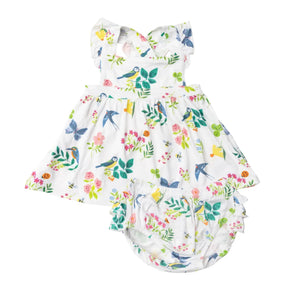 Angel Dear Garden Birds pinafore top and bloomer set with blue birds and butterflies on white