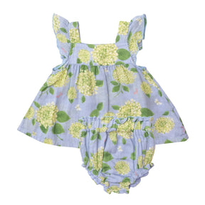 Angel Dear Hydrangea Pale Perri top and ruffle bloomer set in periwinkle blue with green hydrangeas