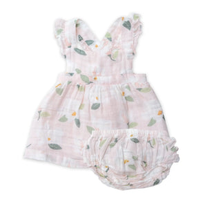 Angel Dear Magnolias pinafore top and ruffle bloomer set in pale pink cotton muslin