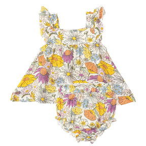 Angel Dear Wildflowers cotton muslin pinafore top and matching ruffle bloomer set