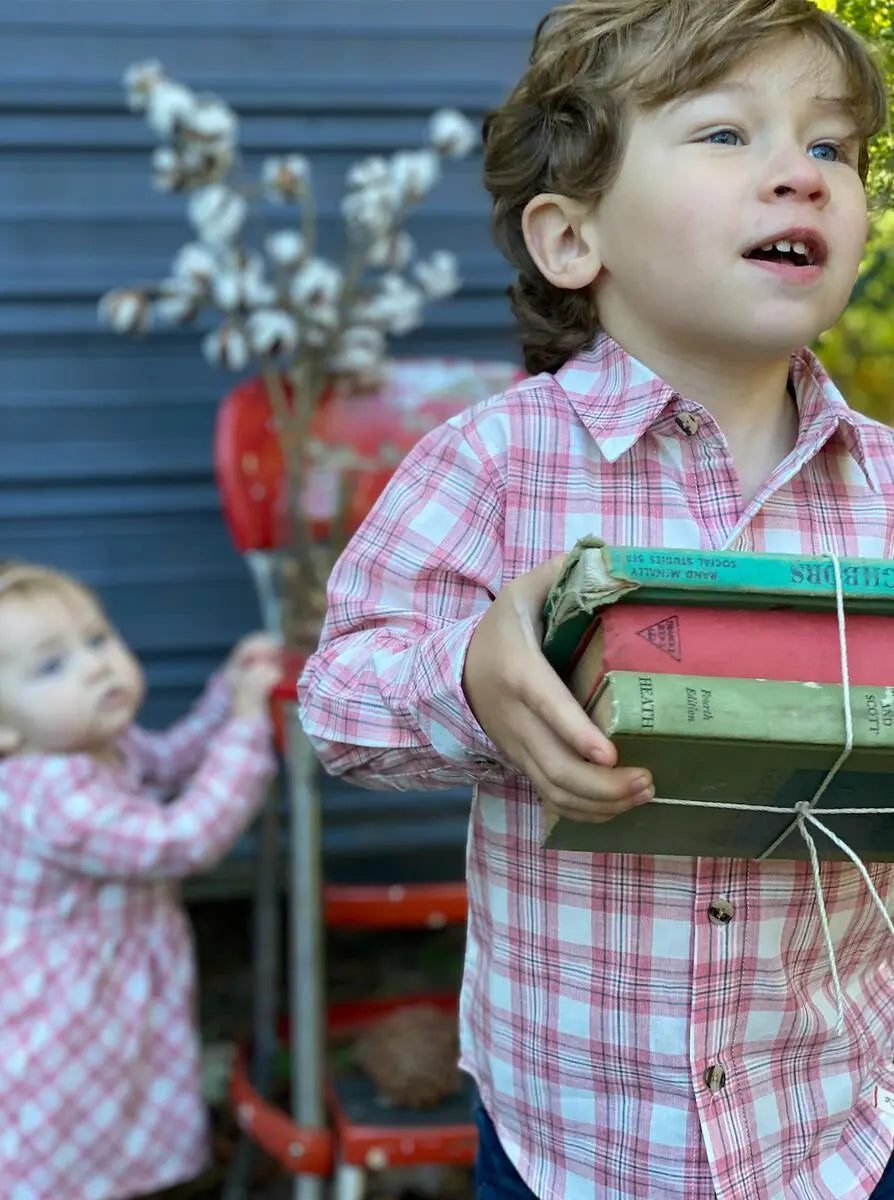 Pink/white plaid woven shirt | Me & Henry - Jenni Kidz