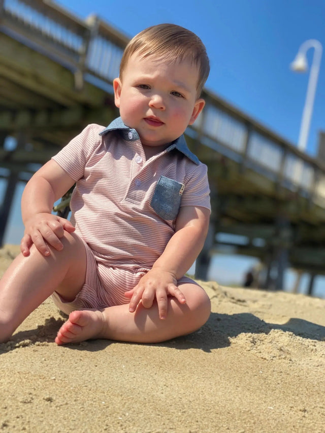 Pink/white stripe polo romper | Me & Henry - Jenni Kidz