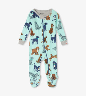 Hatley Playful Puppies organic cotton footed coverall for baby boys with puppy print