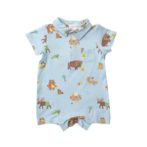 Angel Dear Wildlife on Vacation polo shortie in light blue with bison and moose and bears