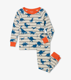 Hatley boys Prehistoric Dinos organic cotton pajama set in Gray/Blue with orange trim.