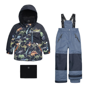 Deux par Deux boys two-piece winter snowsuit with dinosaur print jacket and Steel Blue snow pants.