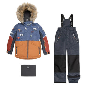 Deux par Deux boys two-piece winter snowsuit with printed grizzly jacket and dark snow pants.