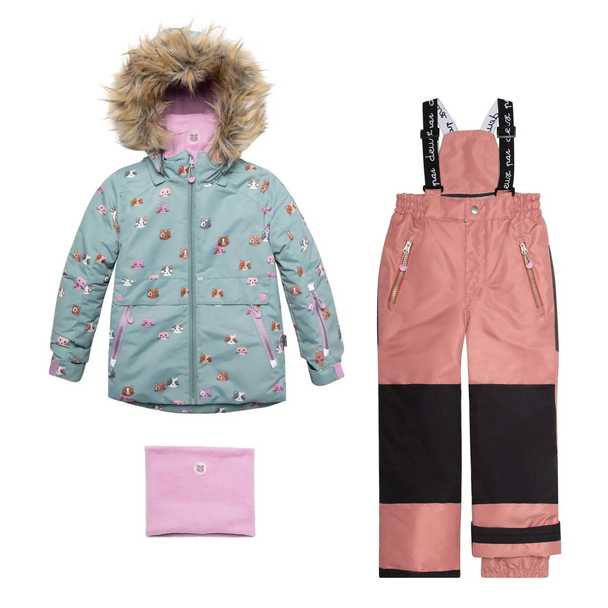 Printed Little Cats Two Piece Snowsuit Sage Green And Rosy Brown | DEUX PAR DEUX - DEUX PAR DEUX