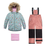 Printed Little Cats Two Piece Snowsuit Sage Green And Rosy Brown | DEUX PAR DEUX - DEUX PAR DEUX