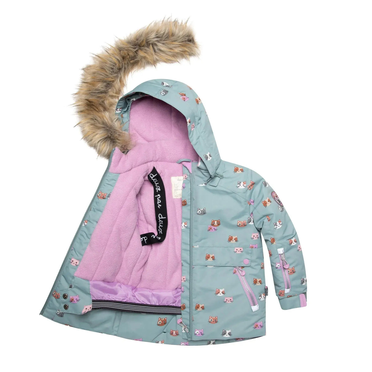 Printed Little Cats Two Piece Snowsuit Sage Green And Rosy Brown | DEUX PAR DEUX - DEUX PAR DEUX