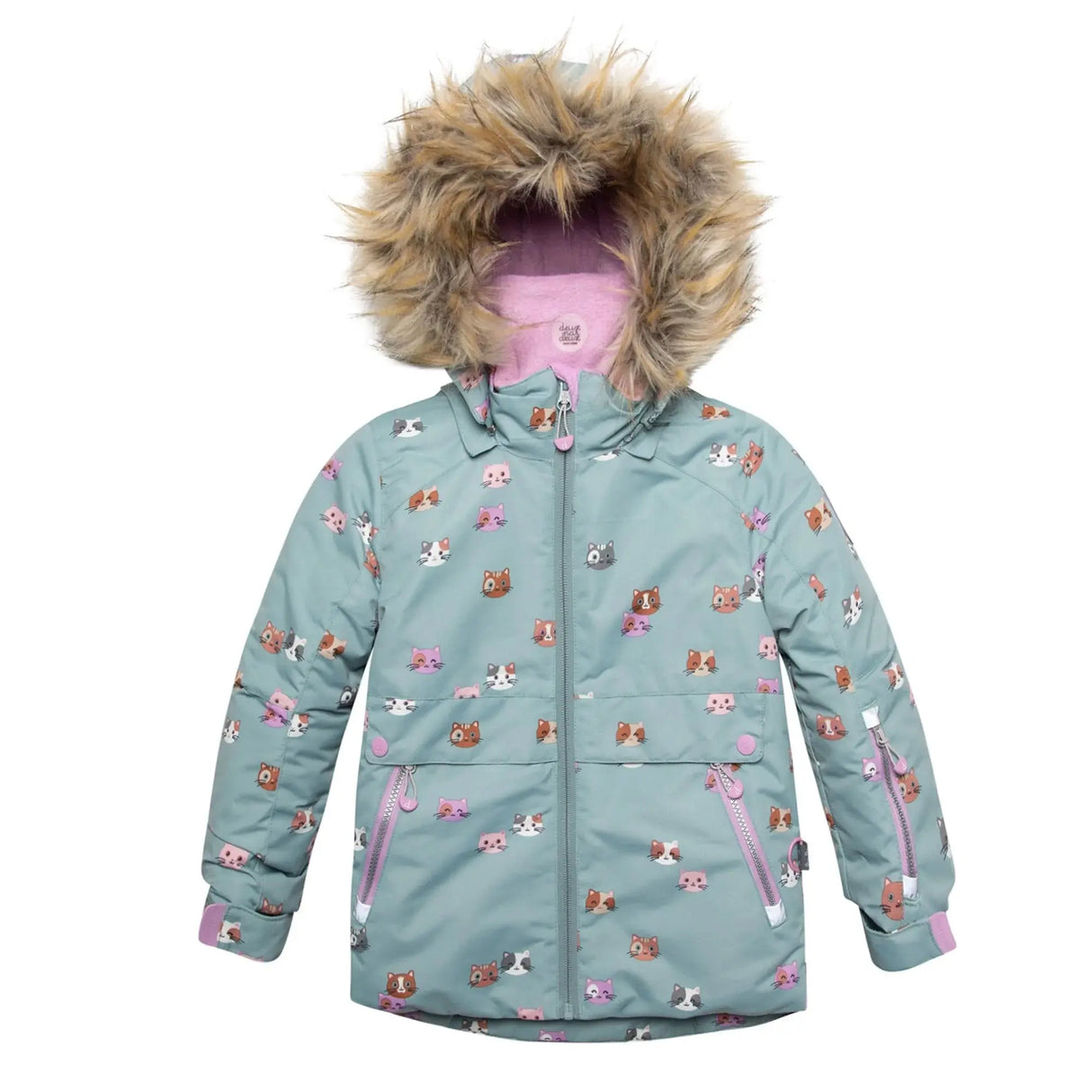 Printed Little Cats Two Piece Snowsuit Sage Green And Rosy Brown | DEUX PAR DEUX - DEUX PAR DEUX