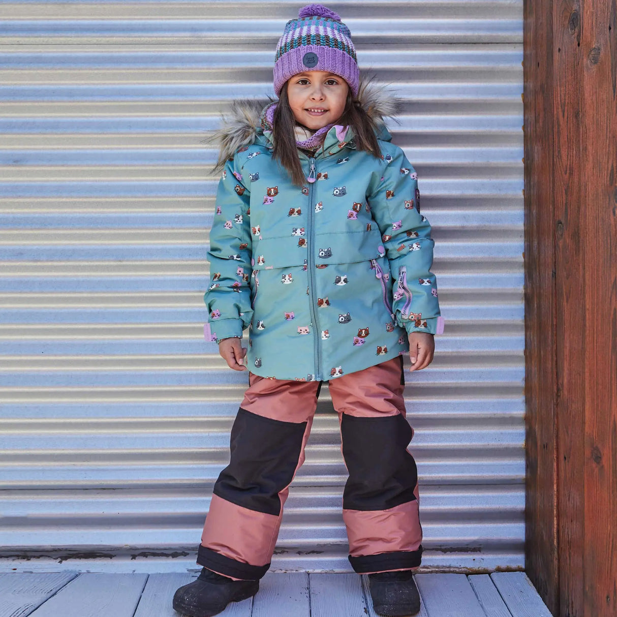 Printed Little Cats Two Piece Snowsuit Sage Green And Rosy Brown | DEUX PAR DEUX - DEUX PAR DEUX