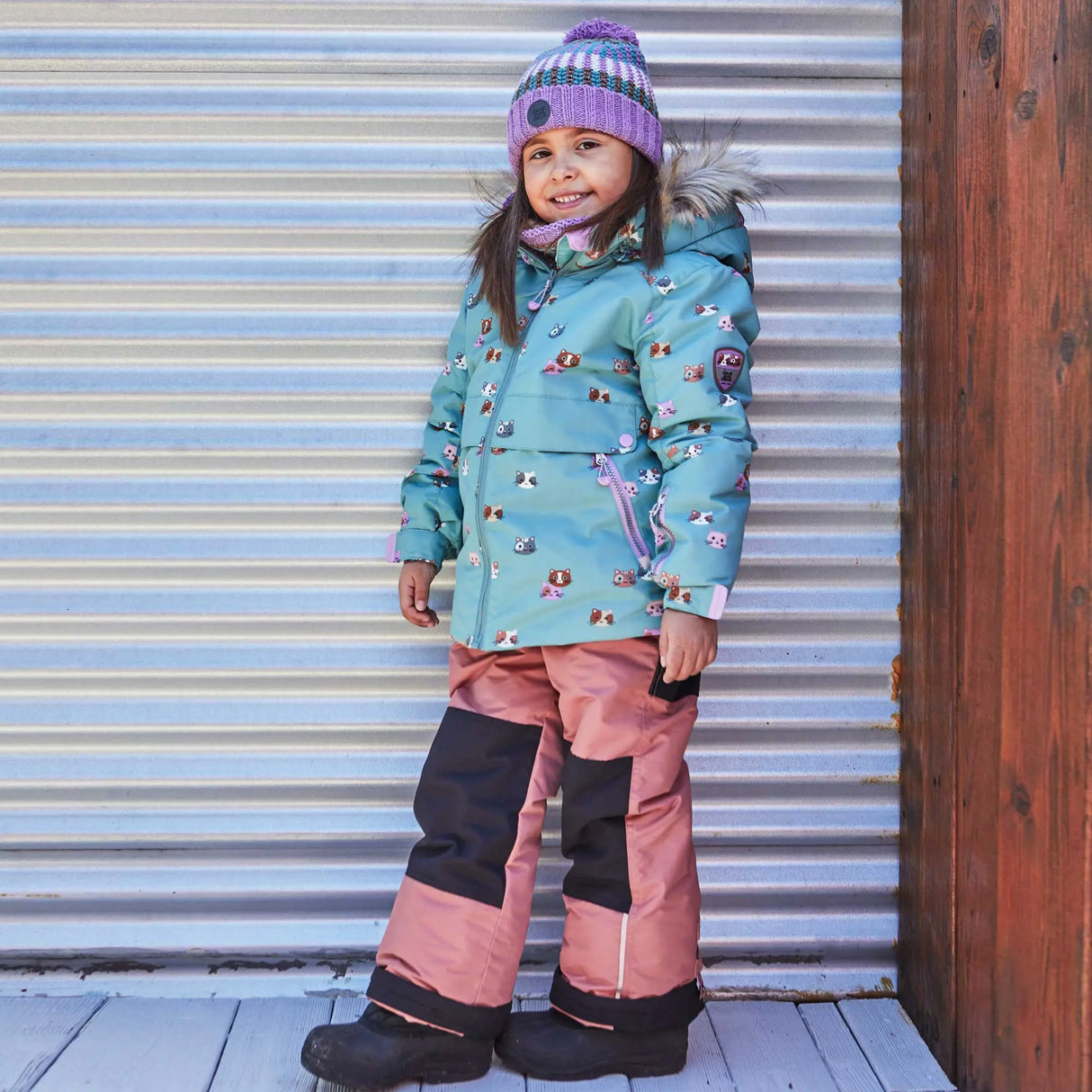 Printed Little Cats Two Piece Snowsuit Sage Green And Rosy Brown | DEUX PAR DEUX - DEUX PAR DEUX