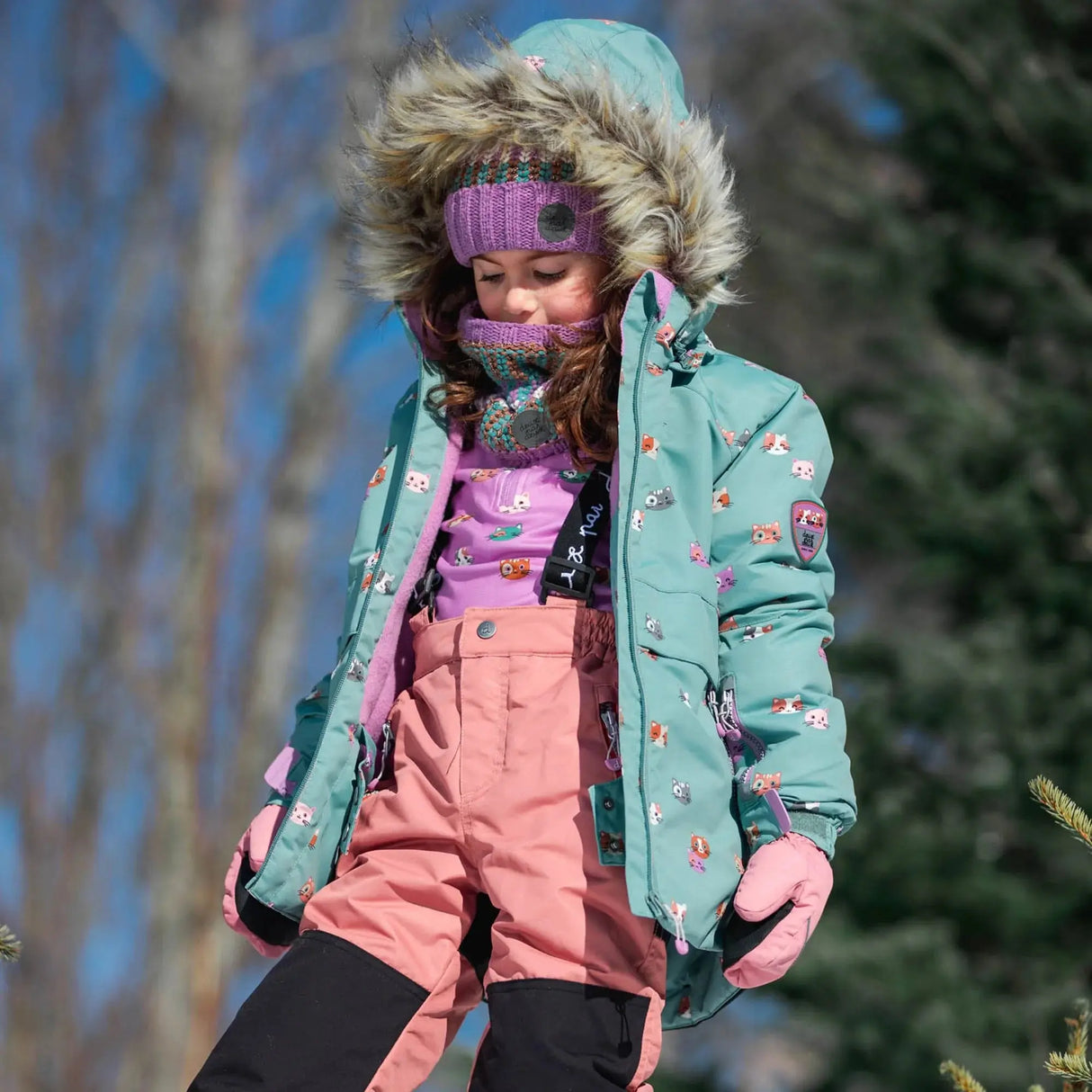 Printed Little Cats Two Piece Snowsuit Sage Green And Rosy Brown | DEUX PAR DEUX - DEUX PAR DEUX