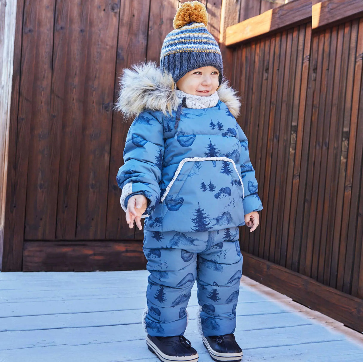 Printed Yoga Bears One Piece Baby Snowsuit Dusty Blue | DEUX PAR DEUX - DEUX PAR DEUX