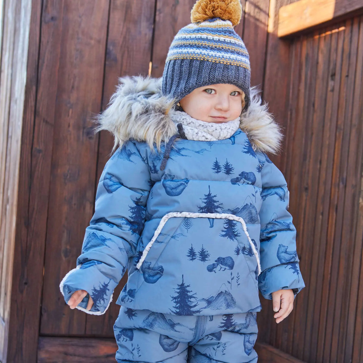 Printed Yoga Bears One Piece Baby Snowsuit Dusty Blue | DEUX PAR DEUX - DEUX PAR DEUX