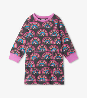 Hatley Prismatic Rainbows charcoal sweatshirt dress with pink cuffs, front view