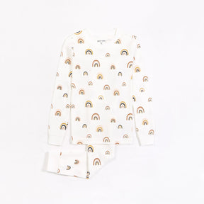 Petit Lem girls Rainbows organic cotton pajama set in Off-White with long sleeves and matching pants.