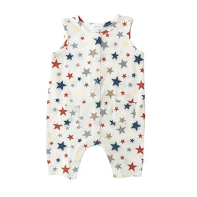 Front of the Angel Dear Stars sleeveless romper in cream with star print and patch pockets