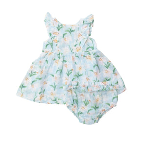 Angel Dear Lily ruffle dress with diaper cover in light blue muslin with white lilies
