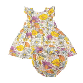 Angel Dear Wildflowers ruffle dress with diaper cover in cream muslin with yellow and purple flowers