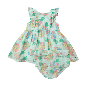 Angel Dear Pretty Pineapples ruffle dress with diaper cover in mint muslin with floral pineapples