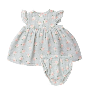 Angel Dear Rose Dot Gray dress and bloomer set with pink roses on gray muslin