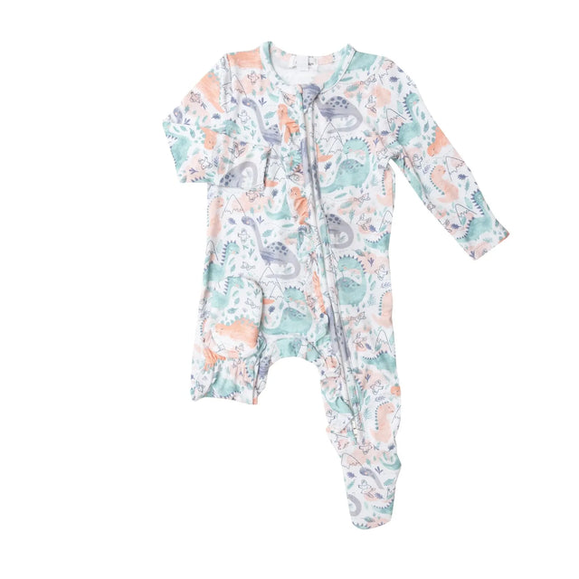 Ruffle Front Zipper Footie - Dino Pink | Angel Dear - Jenni Kidz