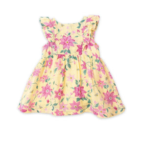 Front of Angel Dear Clematis pale yellow sundress with pink floral print
