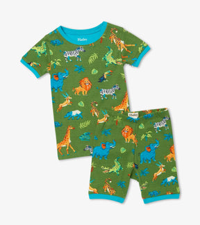Hatley boys Safari Adventure organic cotton short pajama set in Green/Blue with matching shorts.