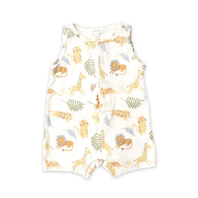Front of the Angel Dear Animal Friends sleeveless shortie romper with lions and giraffes on cream