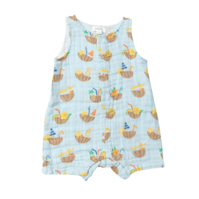 Angel Dear Coconut Drinks cotton muslin shortie romper for baby boys, front view