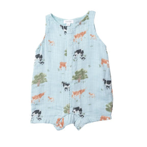 Front of the Angel Dear Cows sleeveless shortie romper in pale blue muslin with cows and trees