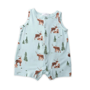 Front of the Angel Dear Deer Family sleeveless shortie romper with deer and pine trees on pale sage