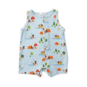 Front of the Angel Dear Fishing Animals sleeveless shortie romper in pale blue with camping bears
