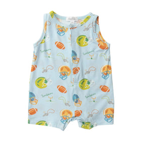 Front of the Angel Dear Football sleeveless shortie romper with helmets and footballs on pale blue