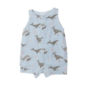 Front of the Angel Dear Grey Whales sleeveless shortie romper in light blue muslin with snap placket
